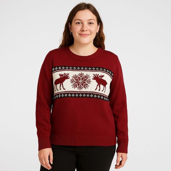 St. John's Bay Red and White Crew Neck Sweater with Festive Pattern - Picture 1 of 6